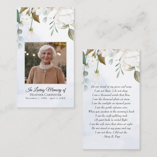 Weiße Blumengrün Laminated Foto Beerdigungskarte Visitenkarte (Vorne/Hinten)