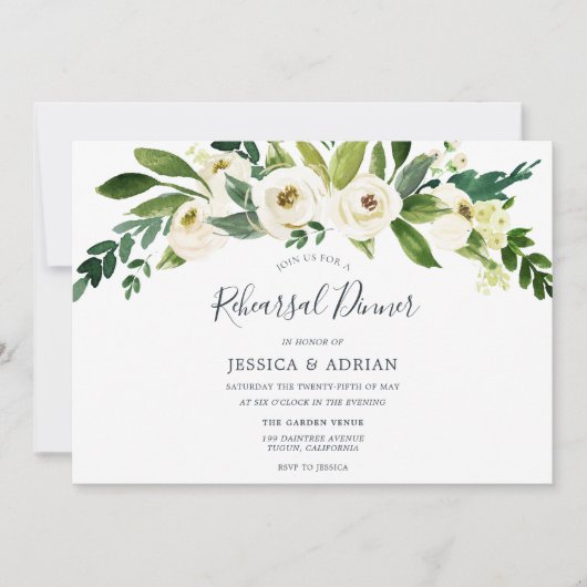 Weiße Blumengrün Probe Abendessen einladen Einladung (Vorderseite)