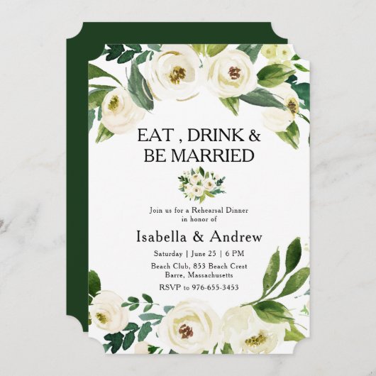 Weiße Blumengrün Probe Abendessen Einladung (Vorne/Hinten)
