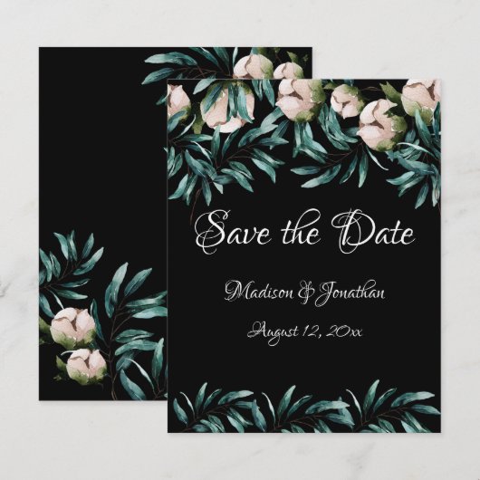 Weiße Blumengrün Schwarz Elegantes Skript Save The Date (Vorne/Hinten)