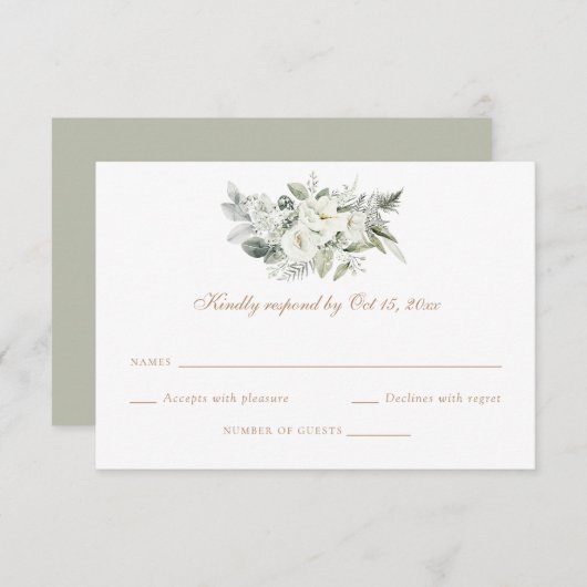 Weiße Blumengrün-Seite Hochzeit RSVP-Karte Einladung (Vorne/Hinten)