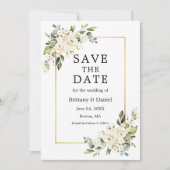 Weiße Blumengrün Wasserfarbe Gold Save The Date (Vorderseite)