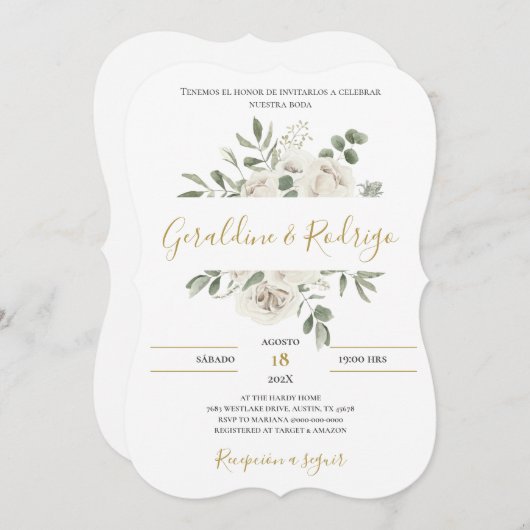 Weiße Blumenhochzeit auf Spanisch Einladung (Vorne/Hinten)
