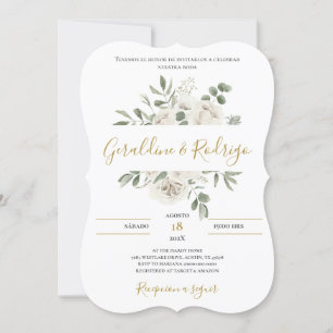 Weiße Blumenhochzeit auf Spanisch Einladung