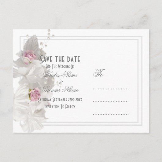 Weiße Blumenhochzeit retten das Datum Ankündigungspostkarte (Rückseite)