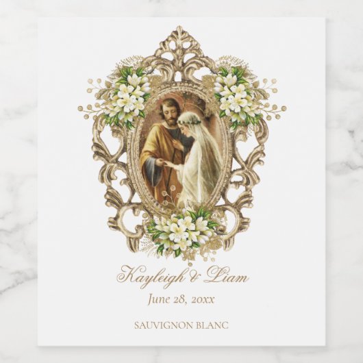 Weiße blumenkatholische Hochzeit mit 2 Fotos Weinetikett (Einzelnes Label)