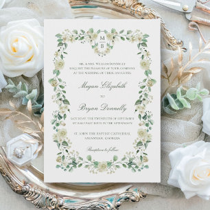 Weiße Blumenkrone & Monogramm Elegante Hochzeit Einladung