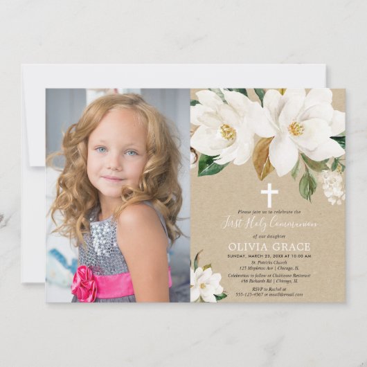 Weiße Blumenmagnolia rustikales Foto erster Kommun Einladung (Vorderseite)