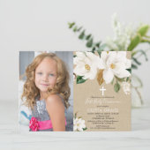 Weiße Blumenmagnolia rustikales Foto erster Kommun Einladung (Stehend Vorderseite)