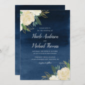 Weiße Blumenmarine-Blau-Aquarell-Hochzeit Einladung (Vorne/Hinten)