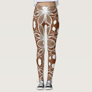 Weiße Blumenmuster auf Rich Brown Leggings