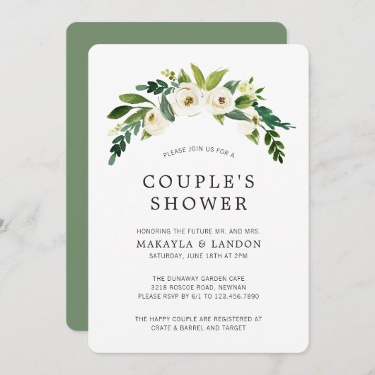 Weiße Blumenpaare Elegantes Brautparty Einladung (Vorne/Hinten)