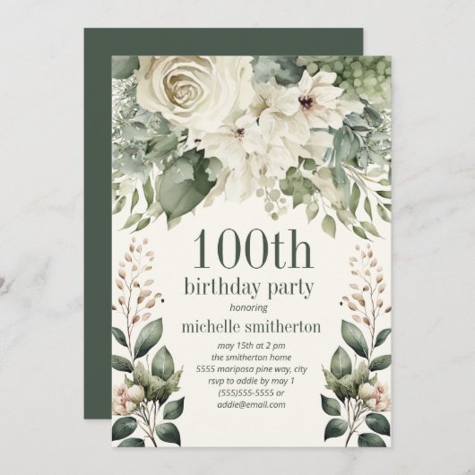 Weiße Blumensage Grüne Blätter 100. Geburtstag Einladung (Vorne/Hinten)