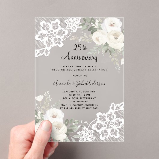 Weiße Blumenspitze Diamant 25. Hochzeitstag Acryleinladungen (Insitu (Handheld))