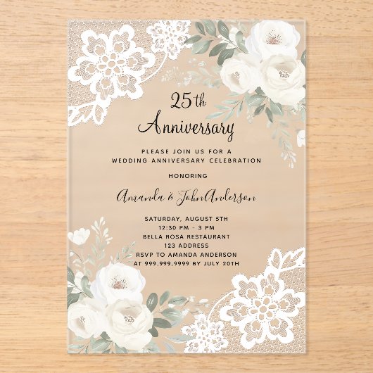 Weiße Blumenspitze Diamant 25. Hochzeitstag Acryleinladungen (Vorderseite)