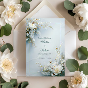 Weiße Blumige Feder Gold Rahmen Elegante Hochzeit Einladung