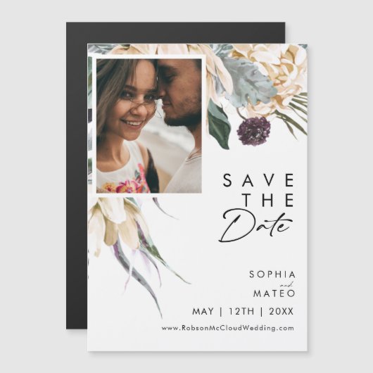Weiße Blumige Save The Date Magnet (Vorne/Hinten)