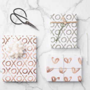 Weiße Blush Pink Rosen Gold Silber XOXO Geschenkpapier Set