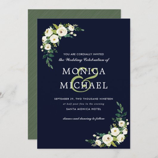 Weiße Blüte | Blue Floral Botanical Corner Wedding Einladung (Vorne/Hinten)