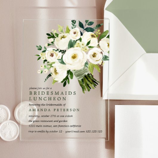 Weiße Blüte | Bouquet Bridesmaids Luncheon Acryleinladungen