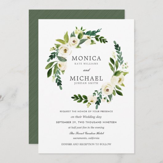 Weiße Blüte | Elegante Hochzeit von Blumenkranz Einladung (Vorne/Hinten)