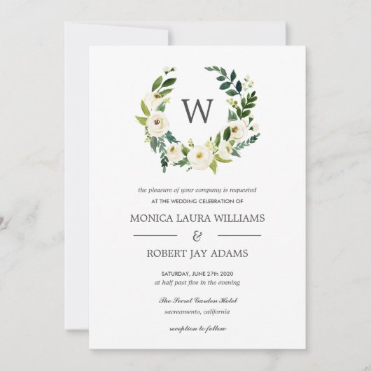Weiße Blüte | Floral Monogram Wedding Einladung (Vorderseite)