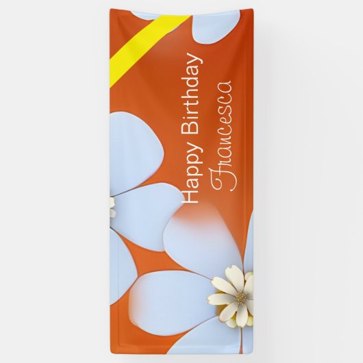 Weiße Blüte mit orangefarbenem Hintergrund Geburts Banner (Vertikal)