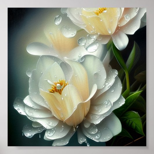 Weiße Blüten und Wassertropfen Poster (Vorne)