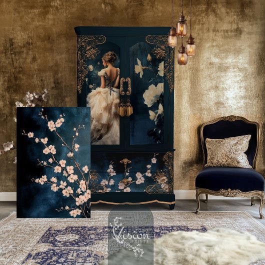 Weiße Blütenblüten Zweige Navy Hintergrund Seidenpapier