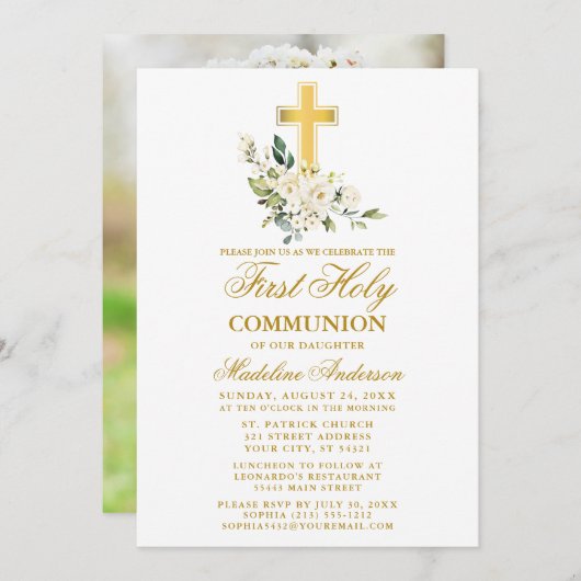 Weiße Blütenfarbe Foto Erste Kommune Einladung (Vorne/Hinten)