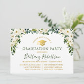 Weiße Blütenfarbe Grünes Party Gold Grad Einladung (Stehend Vorderseite)