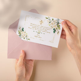 Weiße Blütengoldwand-Glitzer-Cross-Girl-Taufe Dankeskarte