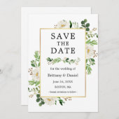 Weiße Blütenkarte mit Aquarellfarbe Save the Date (Vorne/Hinten)