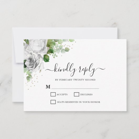 Weiße Blütenkarte und Eukalyptus Wedding RSVP Card (Vorderseite)