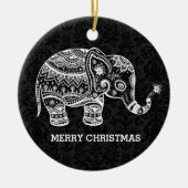 Weiße Blütenlephe auf schwarzen Damasken Keramik Ornament (Vorne)