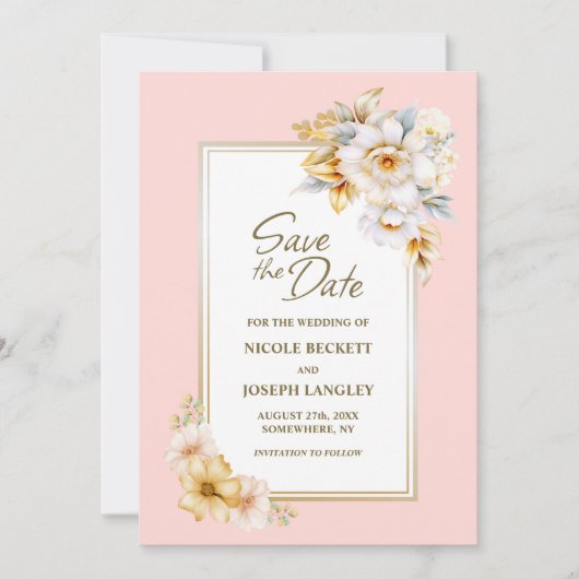 Weiße Blütenrosa Hochzeit retten das Datum Save The Date (Vorderseite)