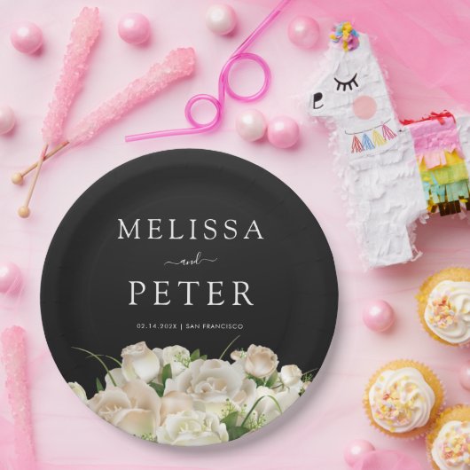 Weiße Blütenschwarz Elegante Minimalistische Hochz Pappteller (Party)