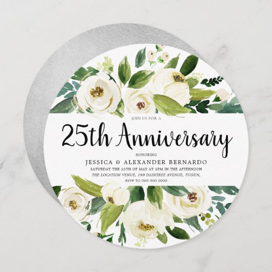 Weiße Blütensilber 25. Hochzeitstag Einladung (Vorne/Hinten)