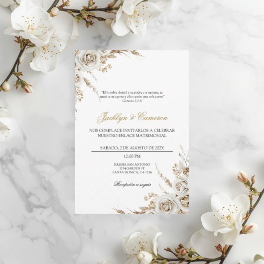 Weiße Boho-Blumen-Hochzeit auf Spanisch Einladung