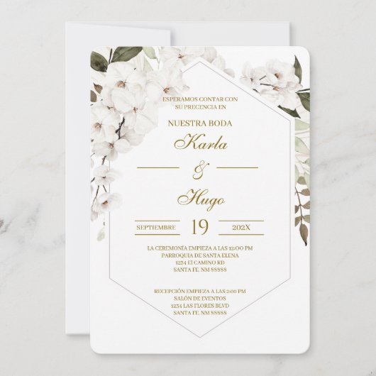Weiße Boho-Blumenhochzeit spanisch Einladung (Vorderseite)