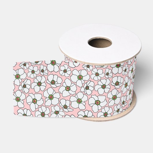 Weiße Boho-Blumenprint auf Rosa Ripsband (Spule)