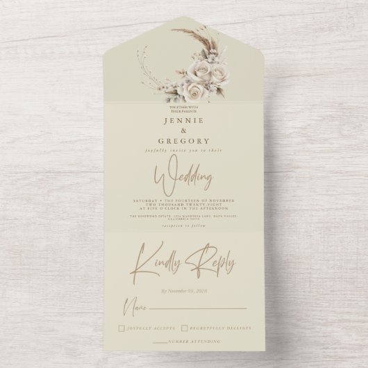 Weiße Boho Blüte in einer Hochzeitsfeier All In One Einladung (Innen)