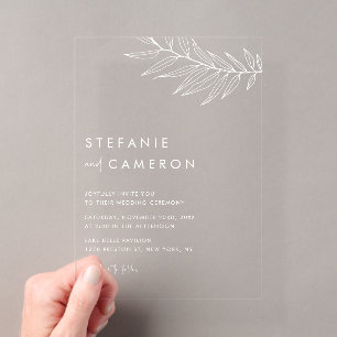 Weiße Boho-Minimalist-Hochzeit mit Laub Acryleinladungen