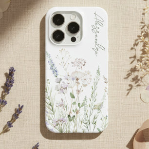 Weiße Boho-Wasserfarben-Wildblumen iPhone 15 Pro Hülle