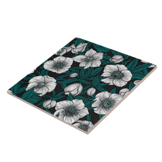 Weiße Bohrer mit blauen Blätter Fliese (Seite)