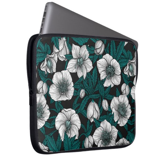 Weiße Bohrer mit blauen Blätter Laptopschutzhülle (Vorne Rechts)