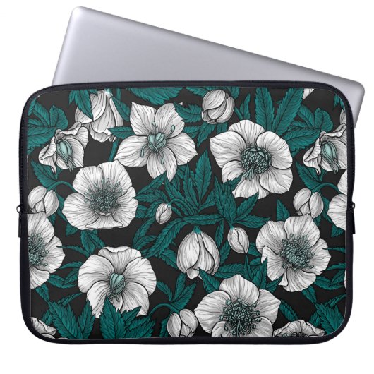 Weiße Bohrer mit blauen Blätter Laptopschutzhülle (Vorderseite)
