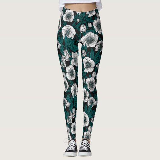 Weiße Bohrer mit blauen Blätter Leggings (Vorderseite)