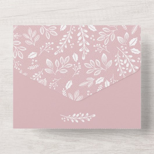 Weiße Botanicals auf Dusty Rose Wedding All In One Einladung (Rückseite)