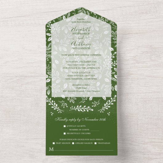 Weiße Botanicals auf grüner Hochzeit All In One Einladung (Innen Boden)